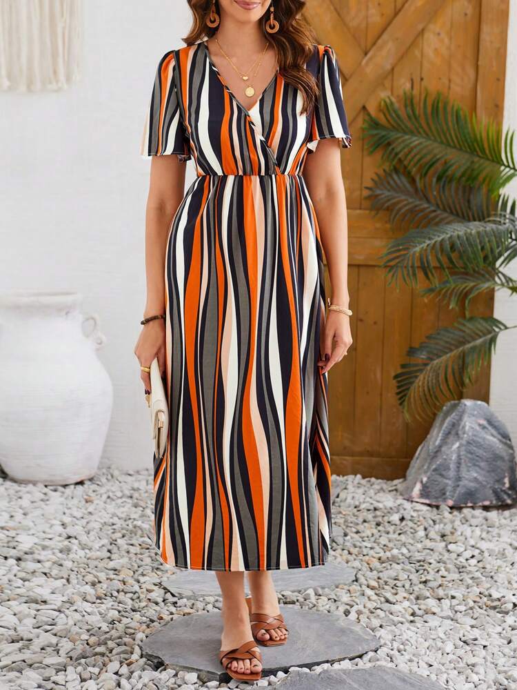 Women's Striped Maxi Dress with V-Neck and Short Sleeves