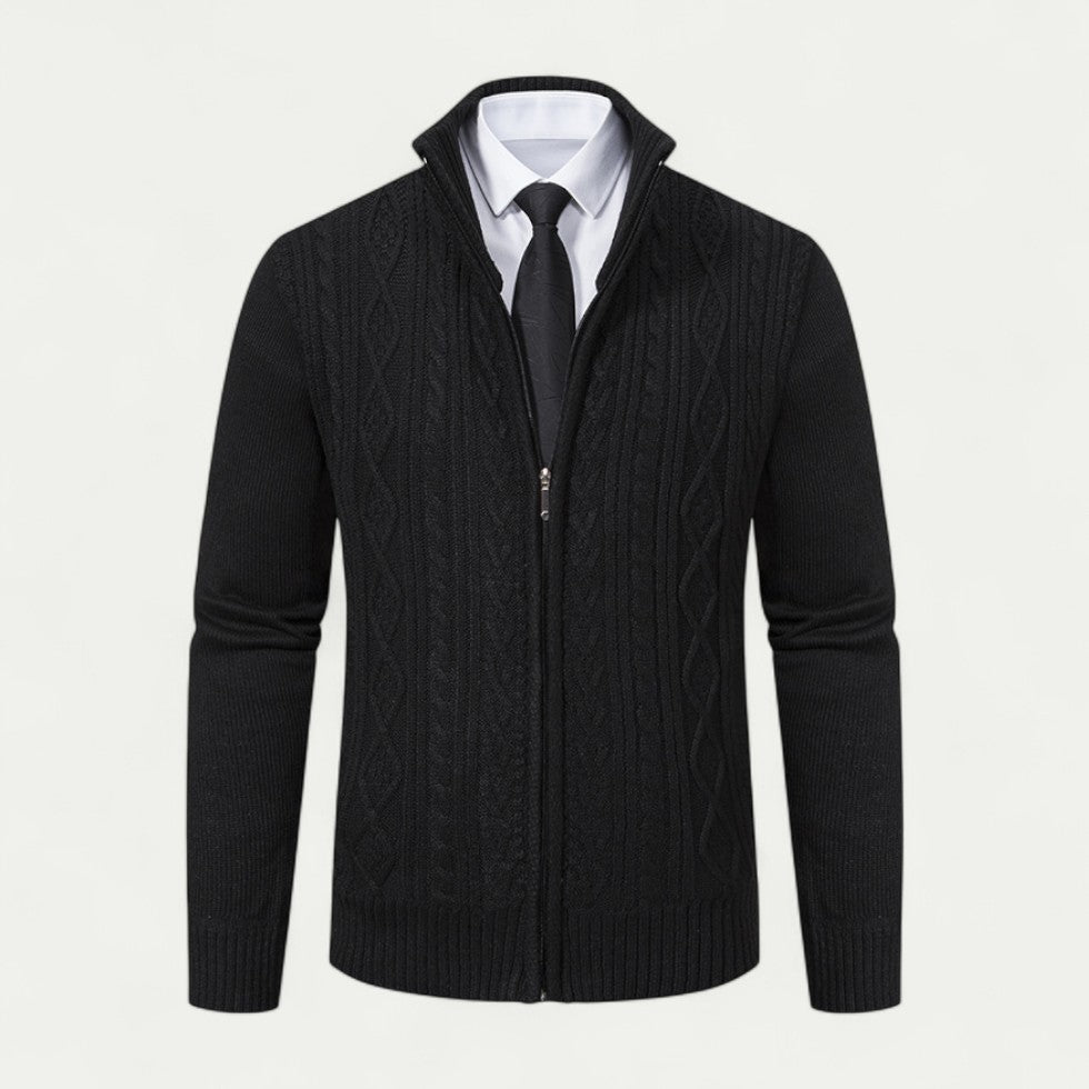 Men's Cable-Knit Zip-Up Cardigan with High Collar and Ribbed Hem