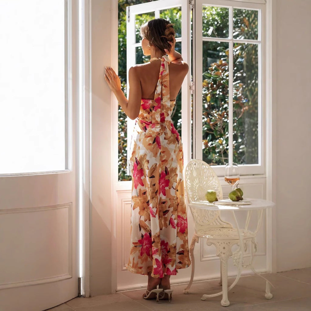 Women's Halter Neck Floral Maxi Dress with Sleek Silhouette Design