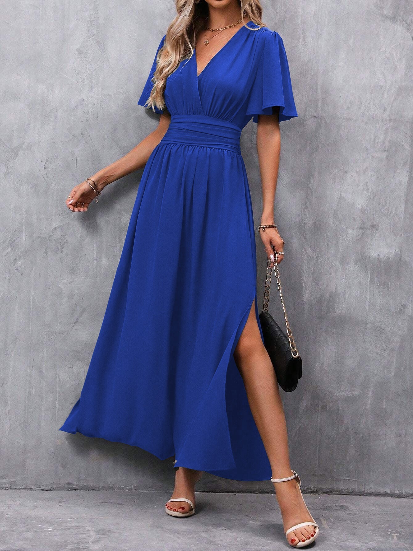 Women's Short-Sleeve Maxi Dress with V-Neck and Side Slit Design