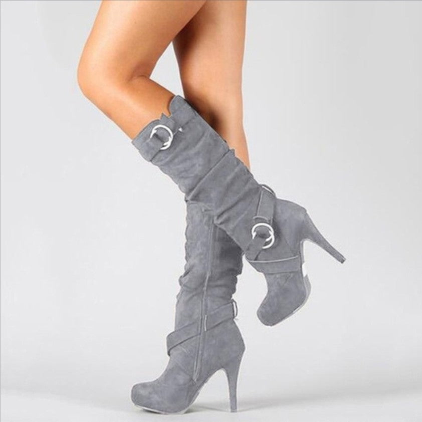 Women's Knee High Boots with Stiletto Heel and Buckle Strap