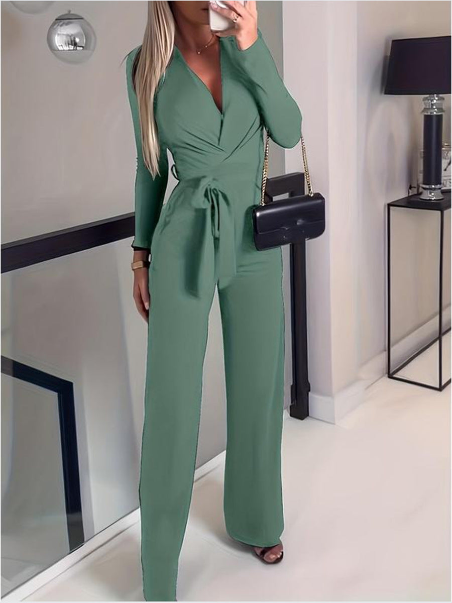 Women's Long-Sleeve V-Neck Wrap Jumpsuit with Wide-Leg Pants