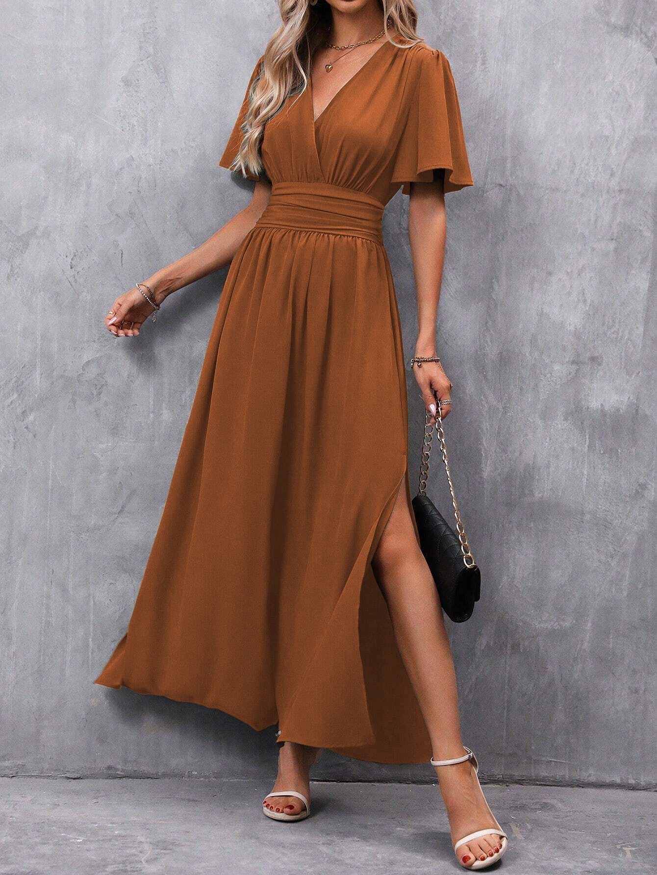 Women's Short-Sleeve Maxi Dress with V-Neck and Side Slit Design