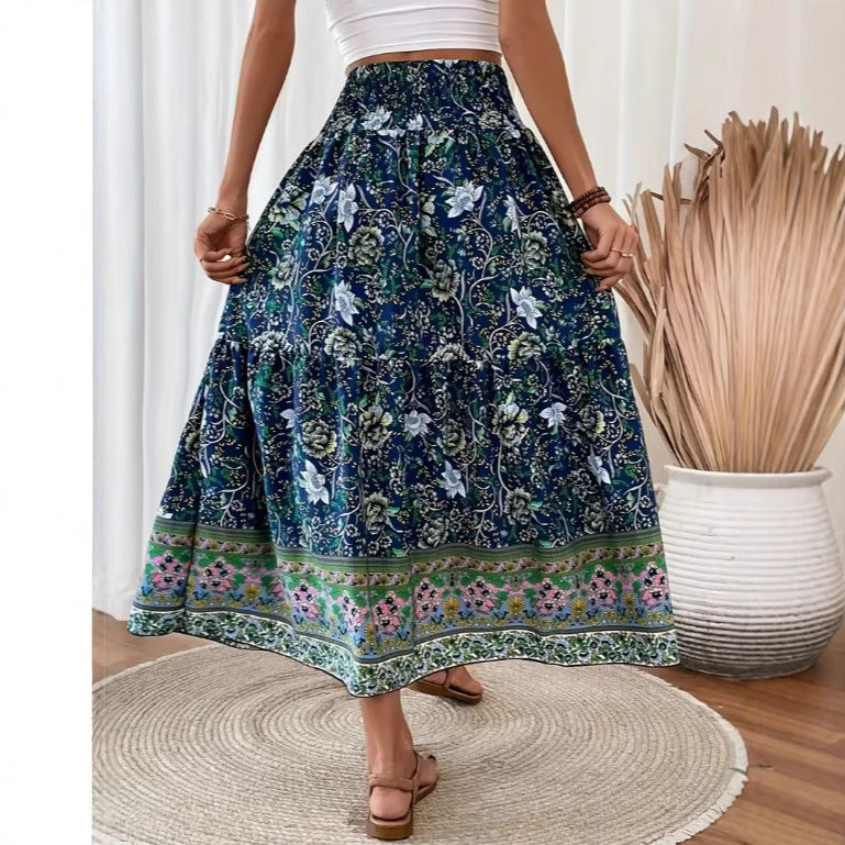 Women's Bohemian Tiered Maxi Skirt with Floral Print and Tassel Tie