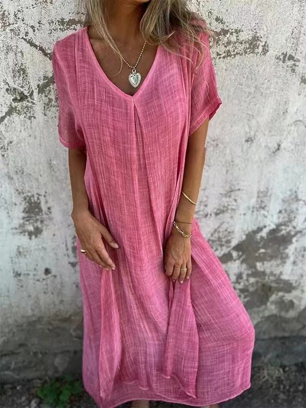 Women's Loose Fit Maxi Dress with V-Neck and Short Sleeves