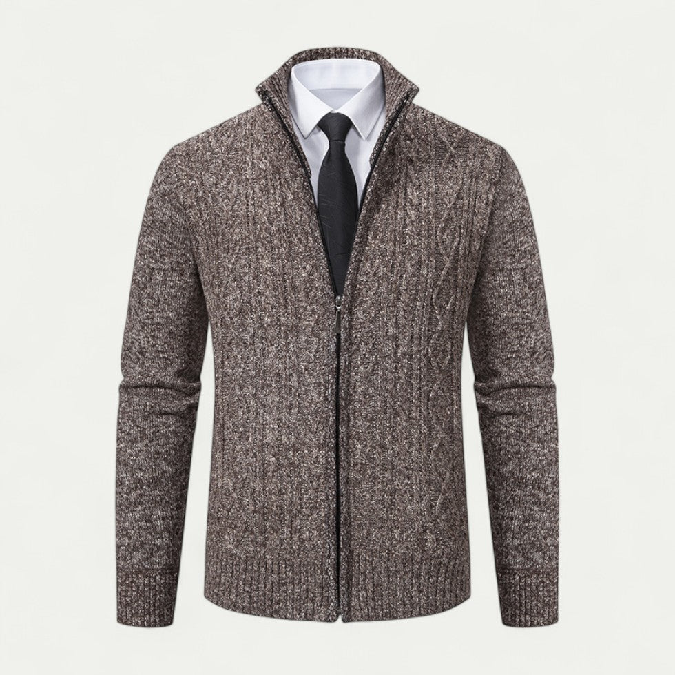 Men's Cable-Knit Zip-Up Cardigan with High Collar and Ribbed Hem