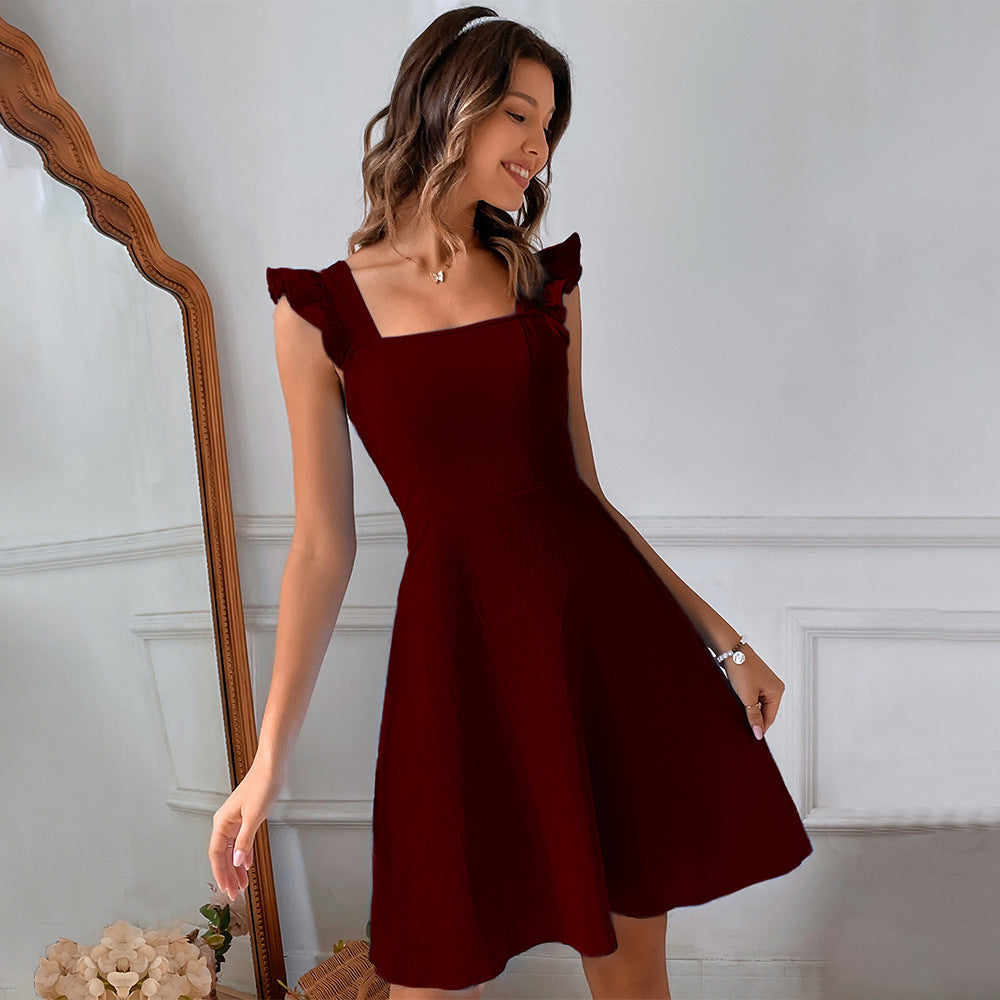Women's Fit and Flare Dress with Ruffle Straps and Square Neckline