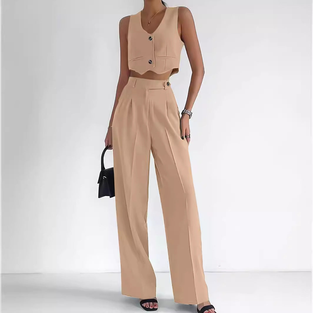 Women's Two Piece Suit Set with Cropped Vest and Wide Leg Pants