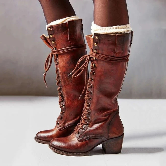 Women's Knee High Boots with Lace Up Front and Chunky Heel