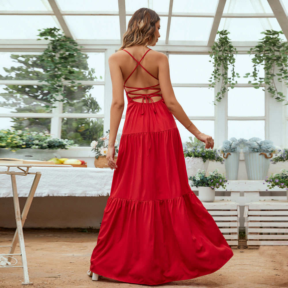 Women's Tiered Backless Maxi Dress with Spaghetti Straps