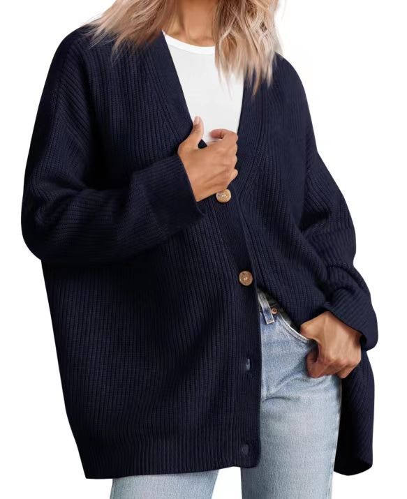Women's Striped Button-Up Knit Cardigan with Relaxed Fit