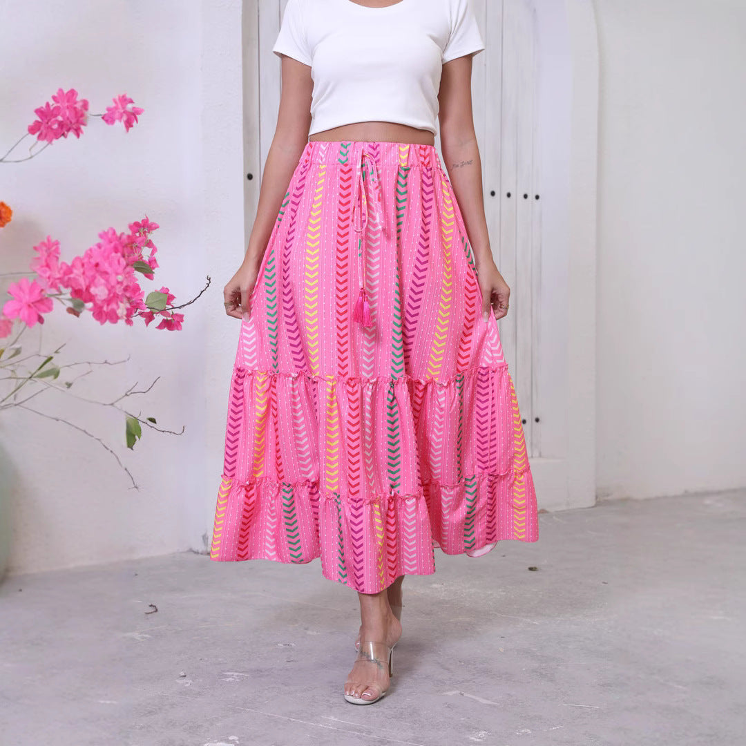 Women's Maxi Skirt with Boho Pattern and Tiered Drawstring Waist