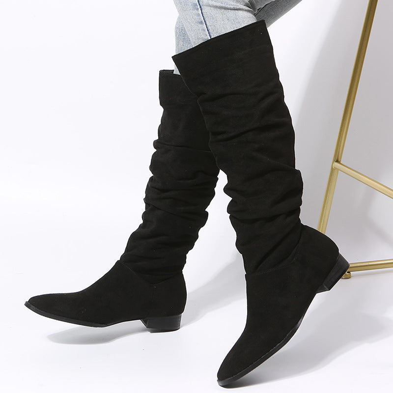 Women's Knee High Boots with Pointed Toe and Flat Sole