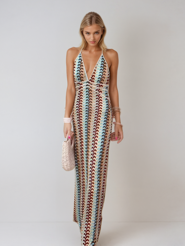 Women's Backless Maxi Dress with V-Neck