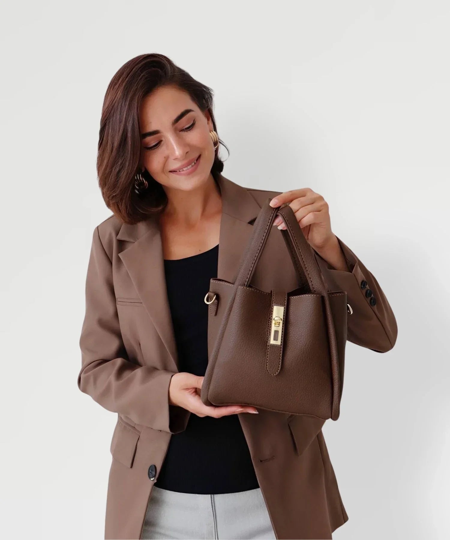 Women's Structured Handbag with Top Handles and Gold-Tone Hardware