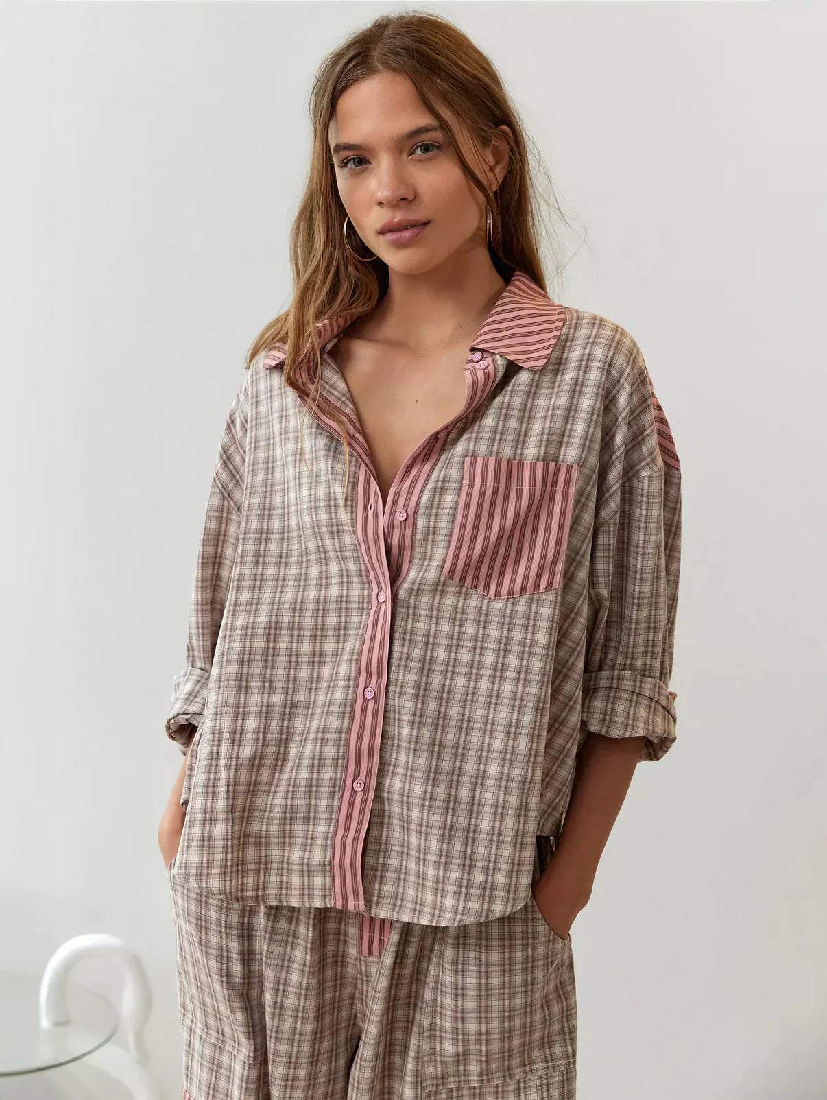 Women's 2-Piece Pyjama Set with Long Sleeve Button Shirt and Trousers