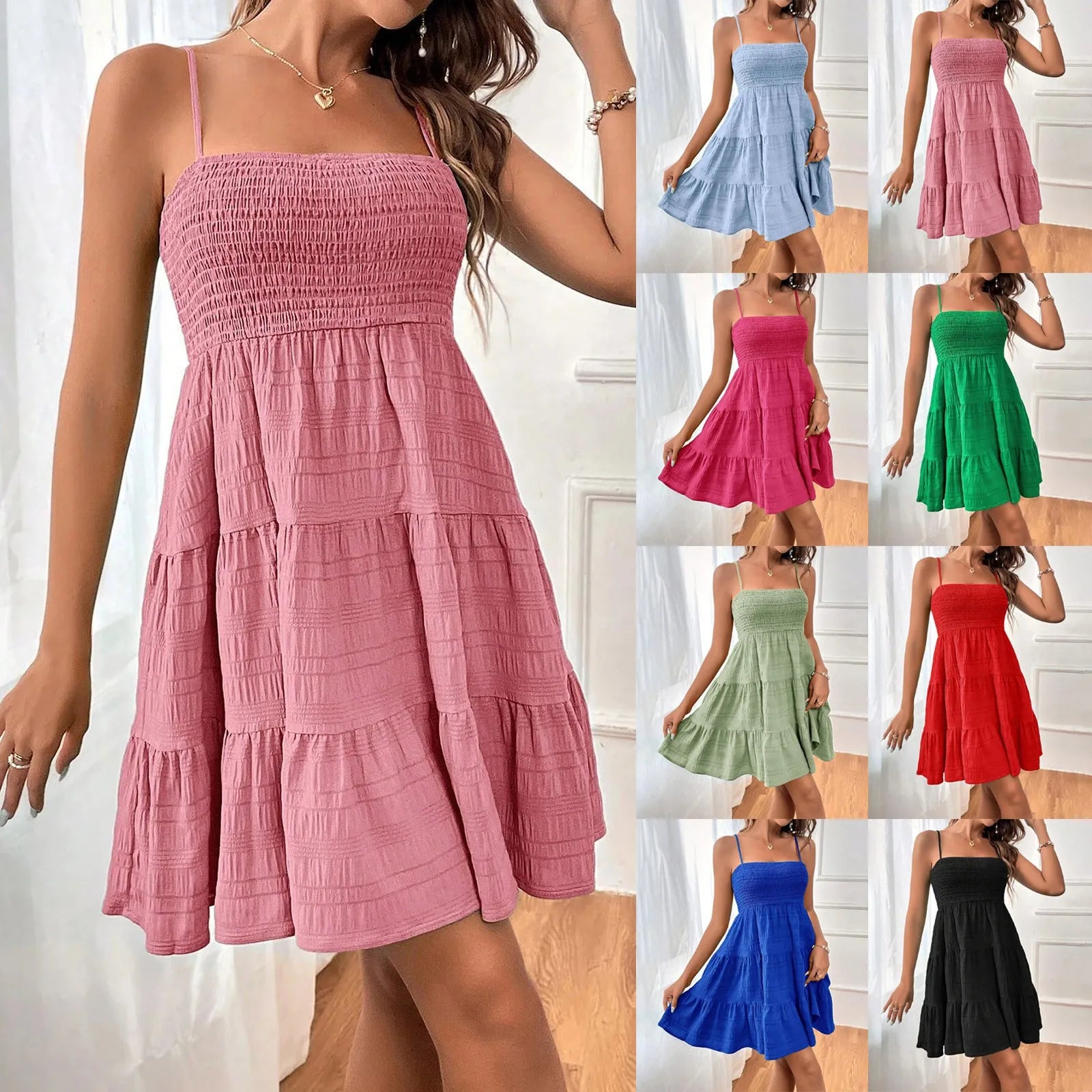 Women's Tiered Mini Dress with Smocked Bodice and Straps