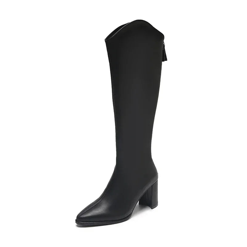 Women's Knee High Boots with Side Zip and Block Heel
