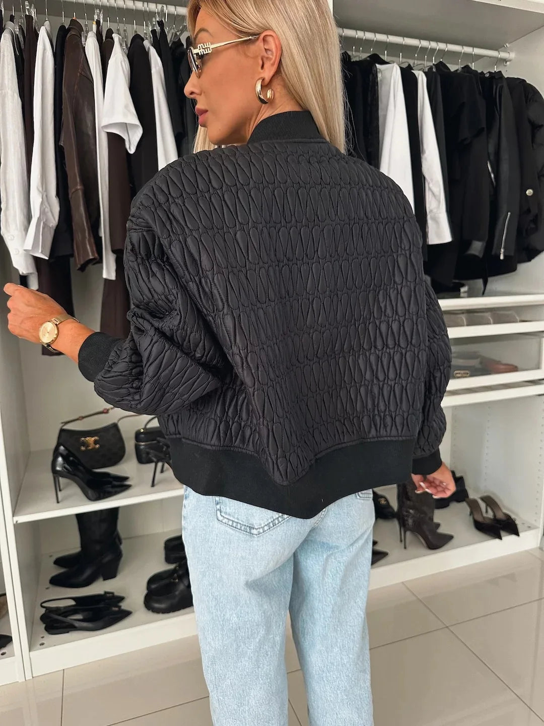 Women's Quilted Bomber Jacket with Zip Front and Ribbed Trim