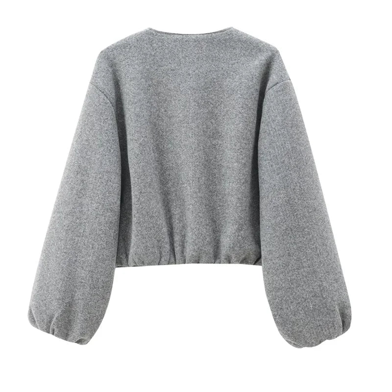 Women's Cropped Bomber Jacket with Long Sleeves and Zip Front