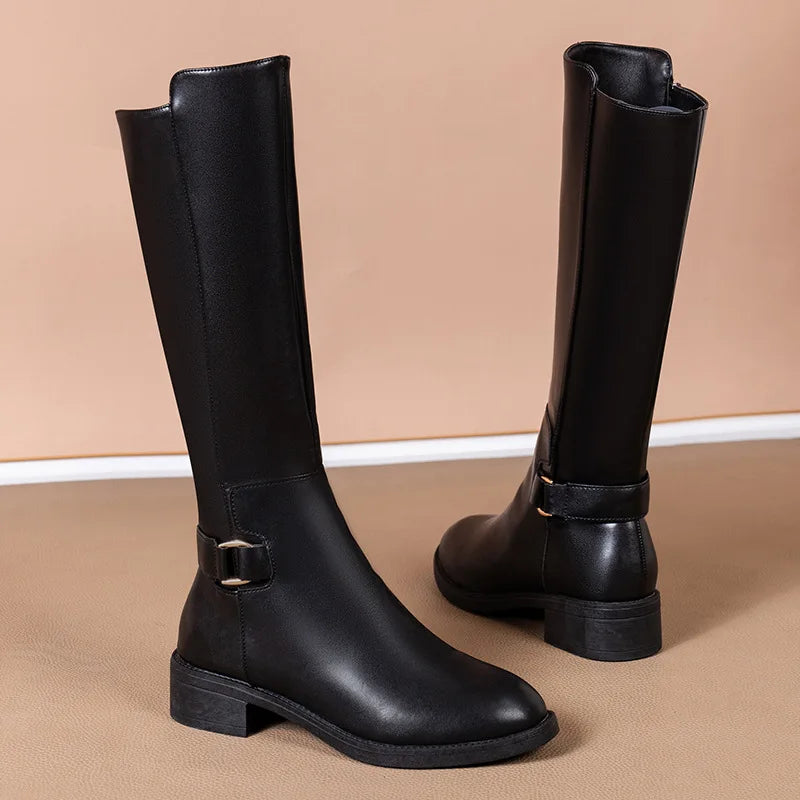 Women's Black Knee High Boots with Metal Buckle and Side Zip