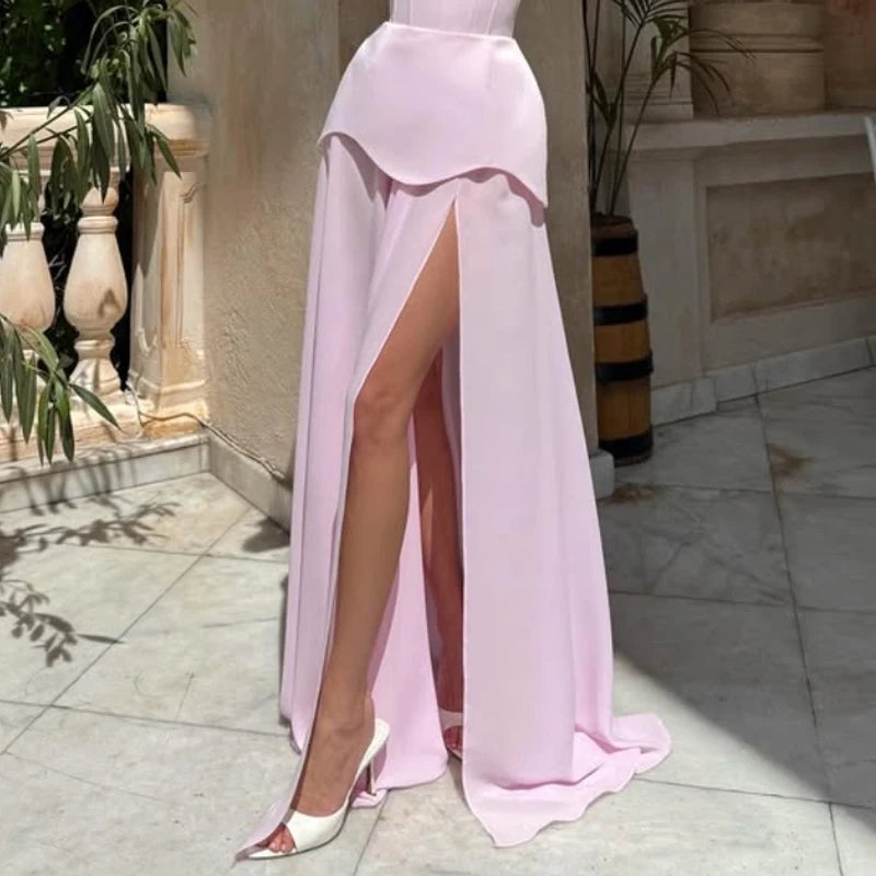 Women's Strapless Maxi Wedding Guest Dress with High Slit and Corset Bodice