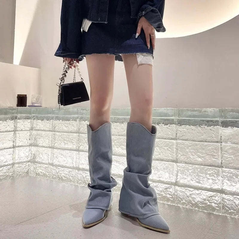 Women's Knee High Boots Pleated Western Pointed Toe Heeled