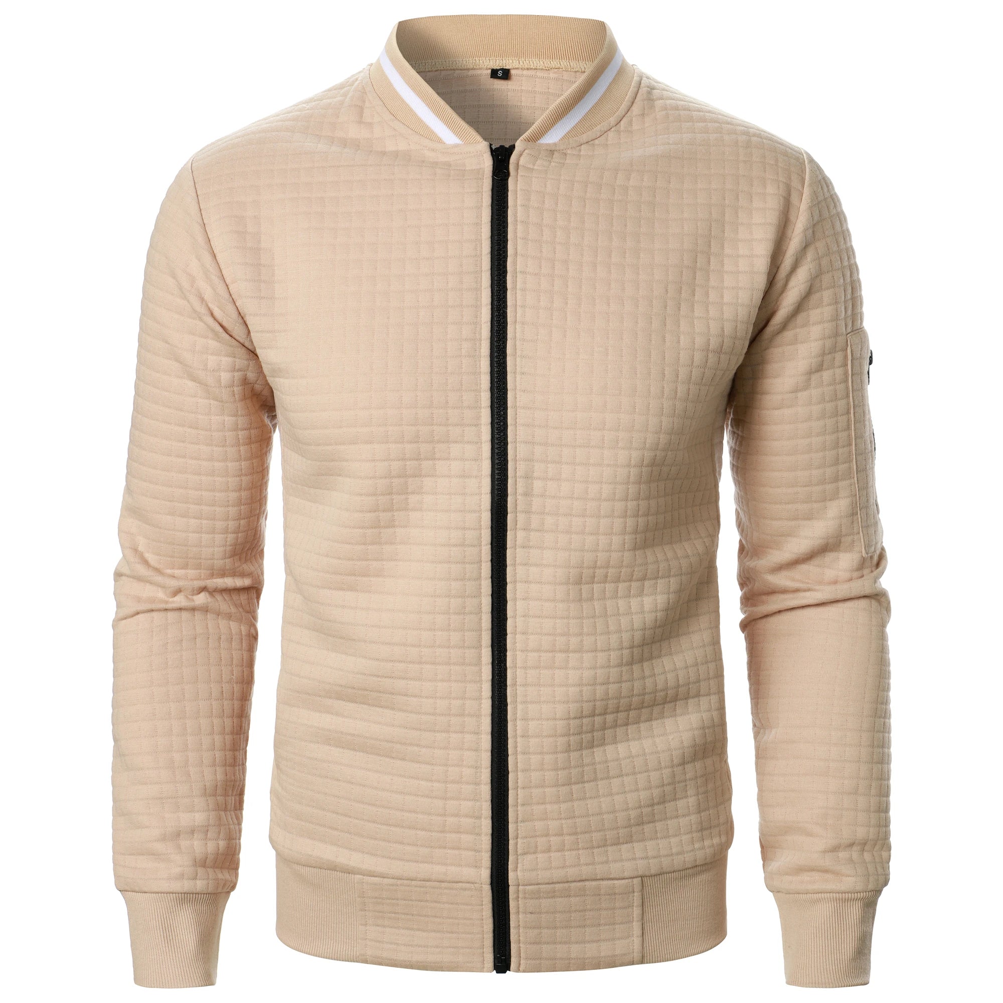 Men's Zip-Up Stand Collar Cardigan Jacket with Quilted Texture