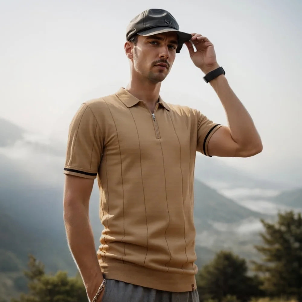Men's Short-Sleeve Zip Polo Shirt with Contrast Trim and Slim Fit