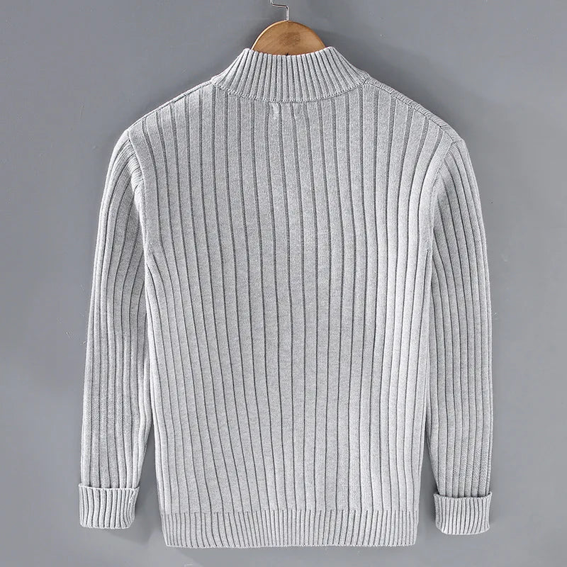 Men's Ribbed Knit Cardigan with Open Front and Fold-Over Collar