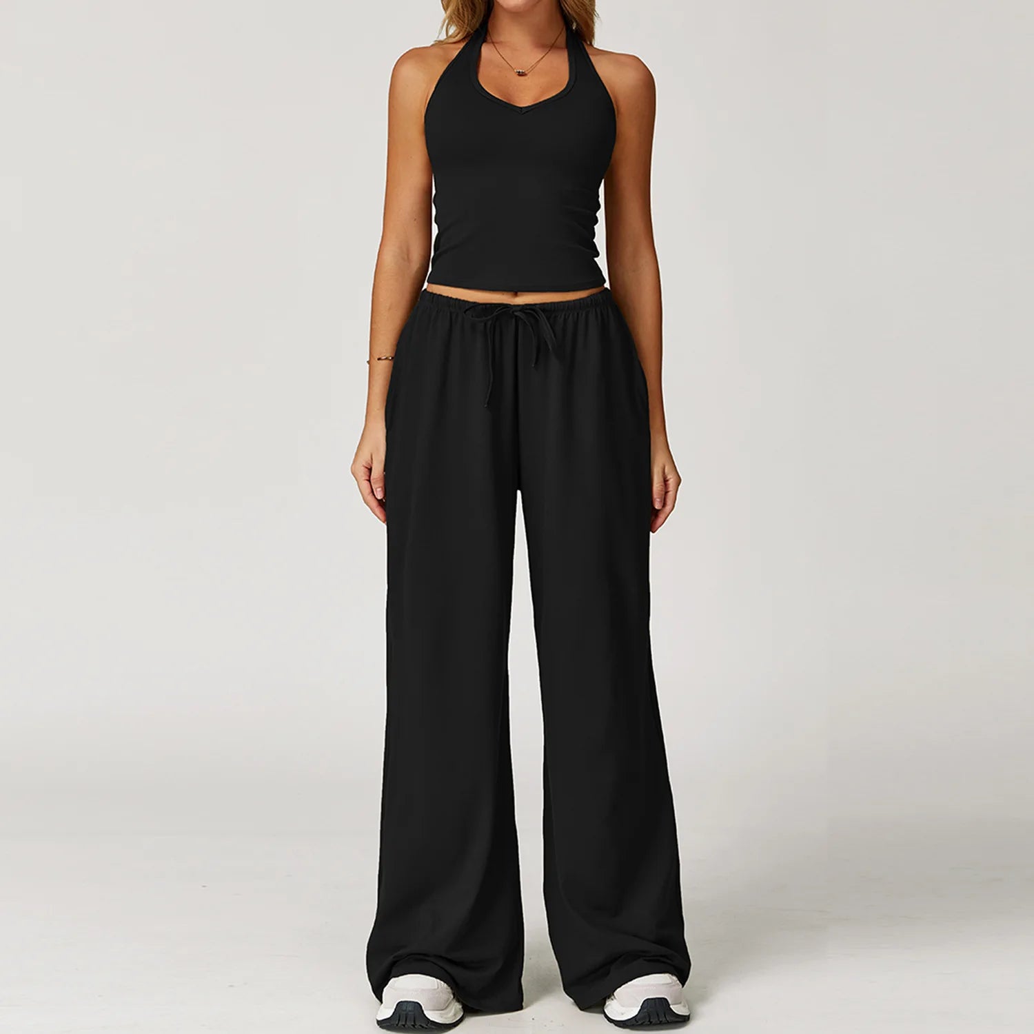 Women’s Two-Piece Lounge Set with Racerback Crop Top and Wide-Leg Pants
