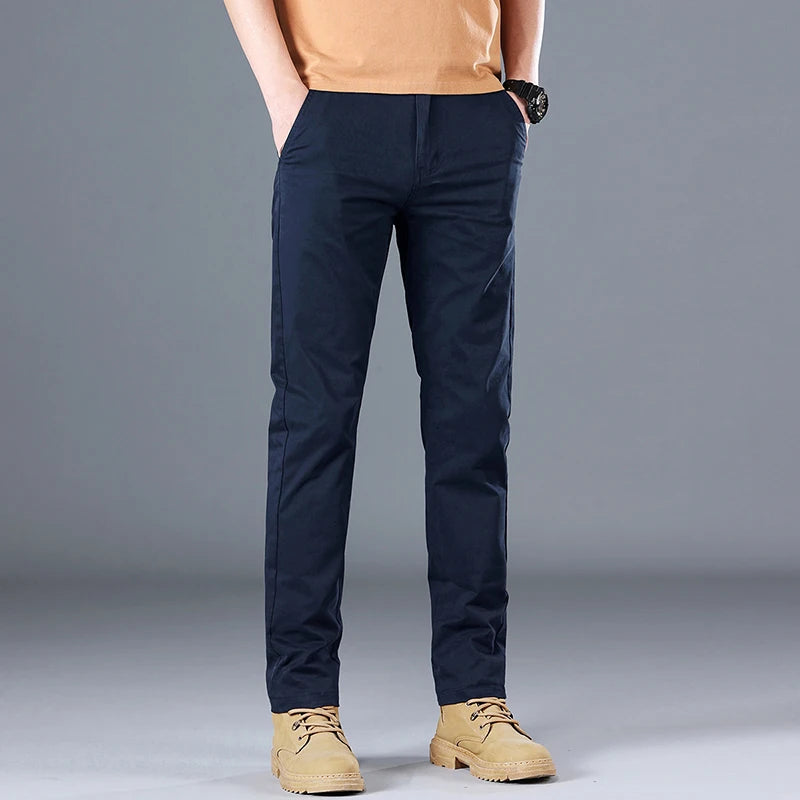 Men's Cotton Work Trousers Slim Fit Straight Leg Business Casual Wear