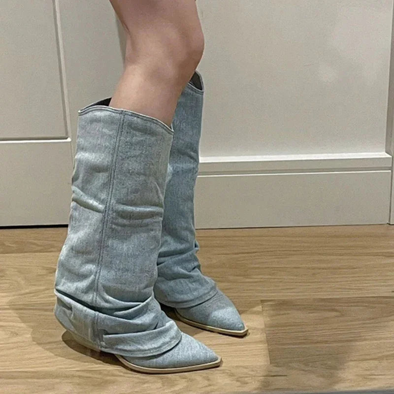 Women's Knee High Boots Pleated Western Pointed Toe Heeled