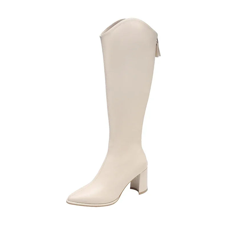 Women's Knee High Boots with Side Zip and Block Heel
