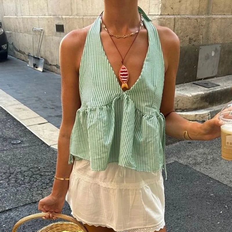 Women's Halter Babydoll Crop Top with Tie Back and Stripes