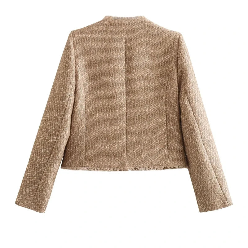 Women's Cropped Tweed Jacket with Long Sleeves and Elegant Short Coat Style