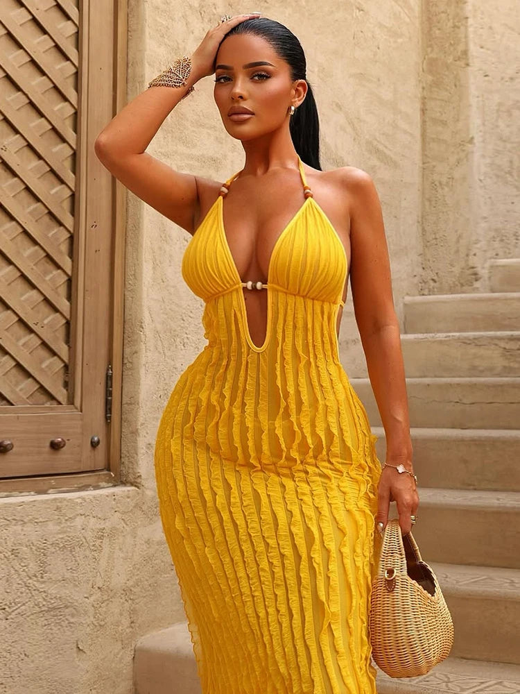 Women's Halter Backless Maxi Dress with Beaded Detail and Ruched Texture