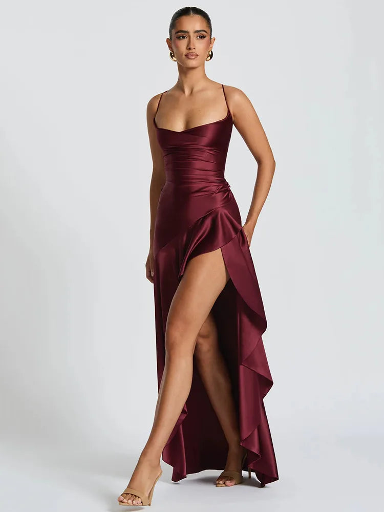 Women's Backless Spaghetti Strap Wedding Guest Maxi Dress