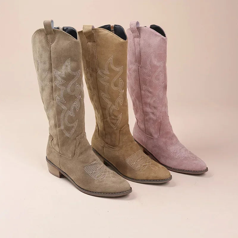 Women's Knee High Cowboy Boots with Embroidered Design and Thick Heel