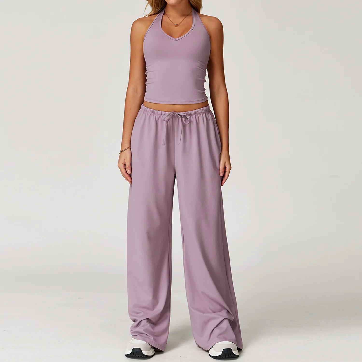 Women’s Two-Piece Lounge Set with Racerback Crop Top and Wide-Leg Pants