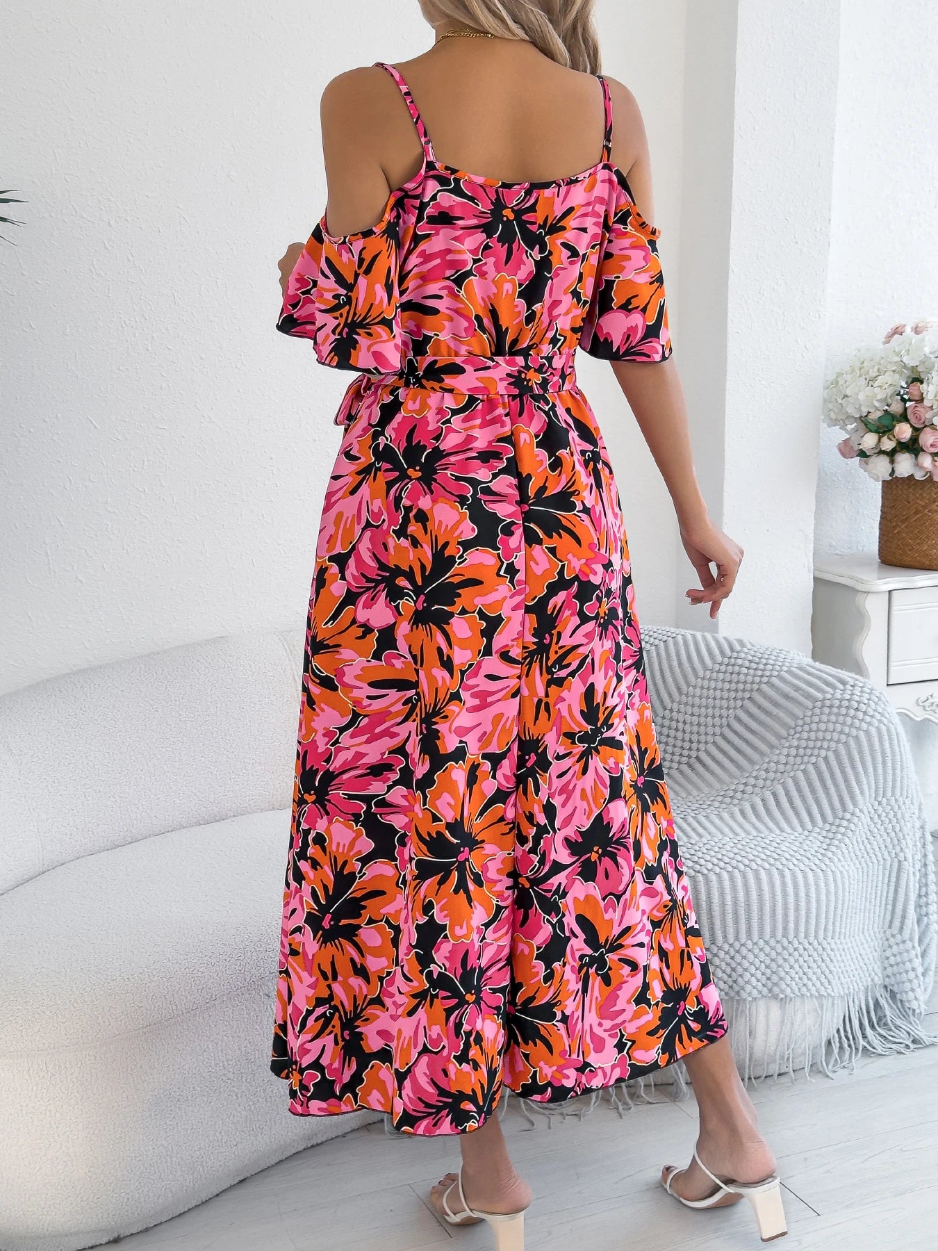 Women's Off-Shoulder Floral Wrap Maxi Dress with Belt and Side Slit