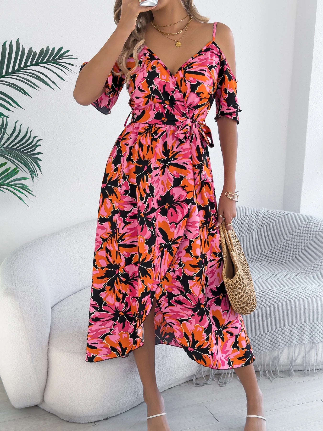 Women's Off-Shoulder Floral Wrap Maxi Dress with Belt and Side Slit