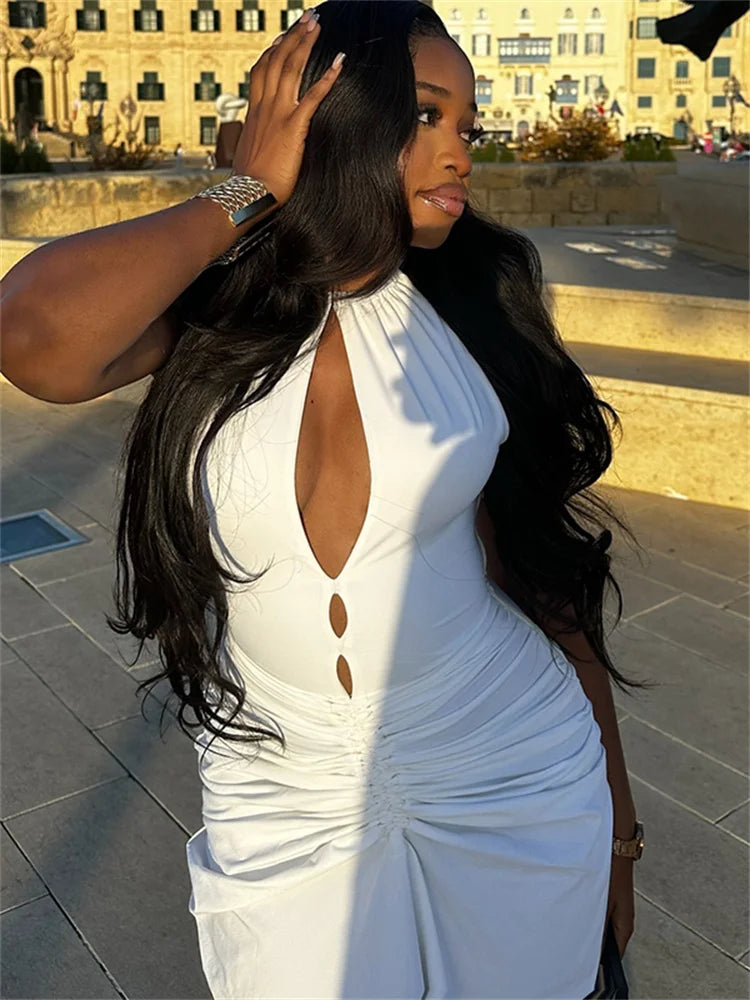 Women's Halter Maxi Dress with Cutout Front and Ruched Detail