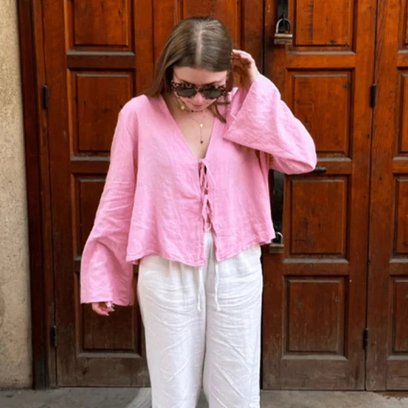 Women's Lace-Up V Neck Long Sleeve Top with Loose Fit and Tie Front