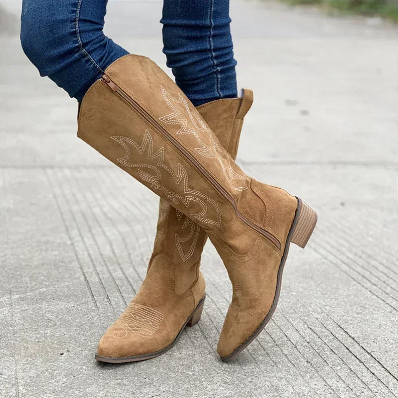 Women's Knee High Cowboy Boots with Embroidered Design and Thick Heel