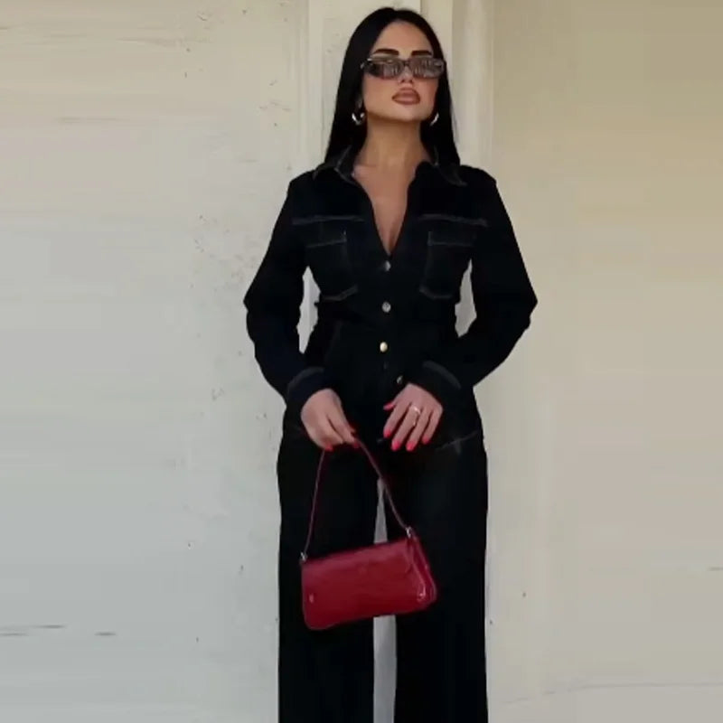 Women's Black Denim 2 Piece Set with Long Sleeve Shirt and Flare Pants