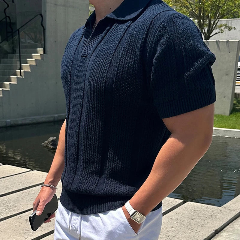 Men's Knitted Mesh Short Sleeve Polo Shirt with Vintage Lapel Design