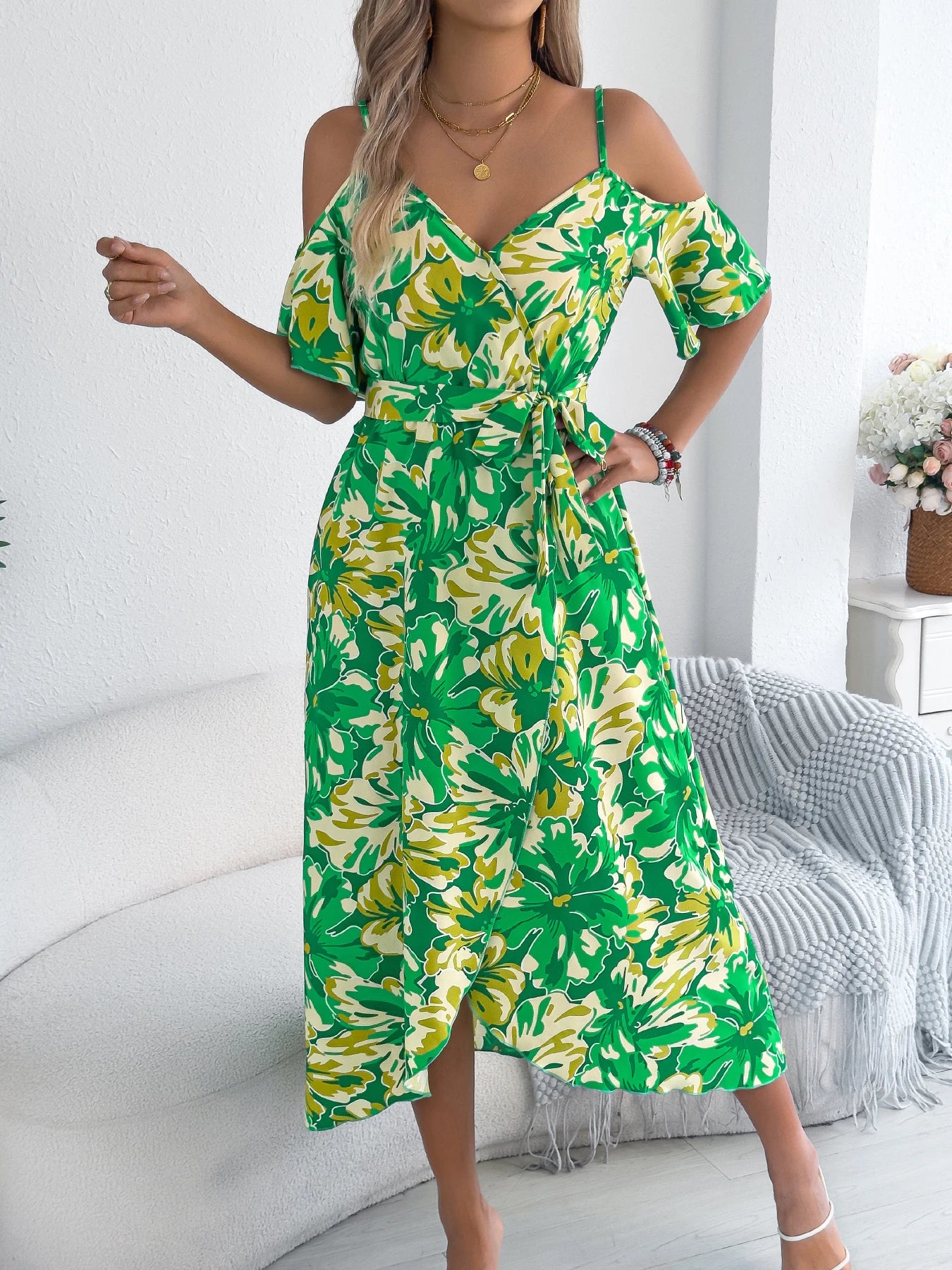 Women's Off-Shoulder Floral Wrap Maxi Dress with Belt and Side Slit