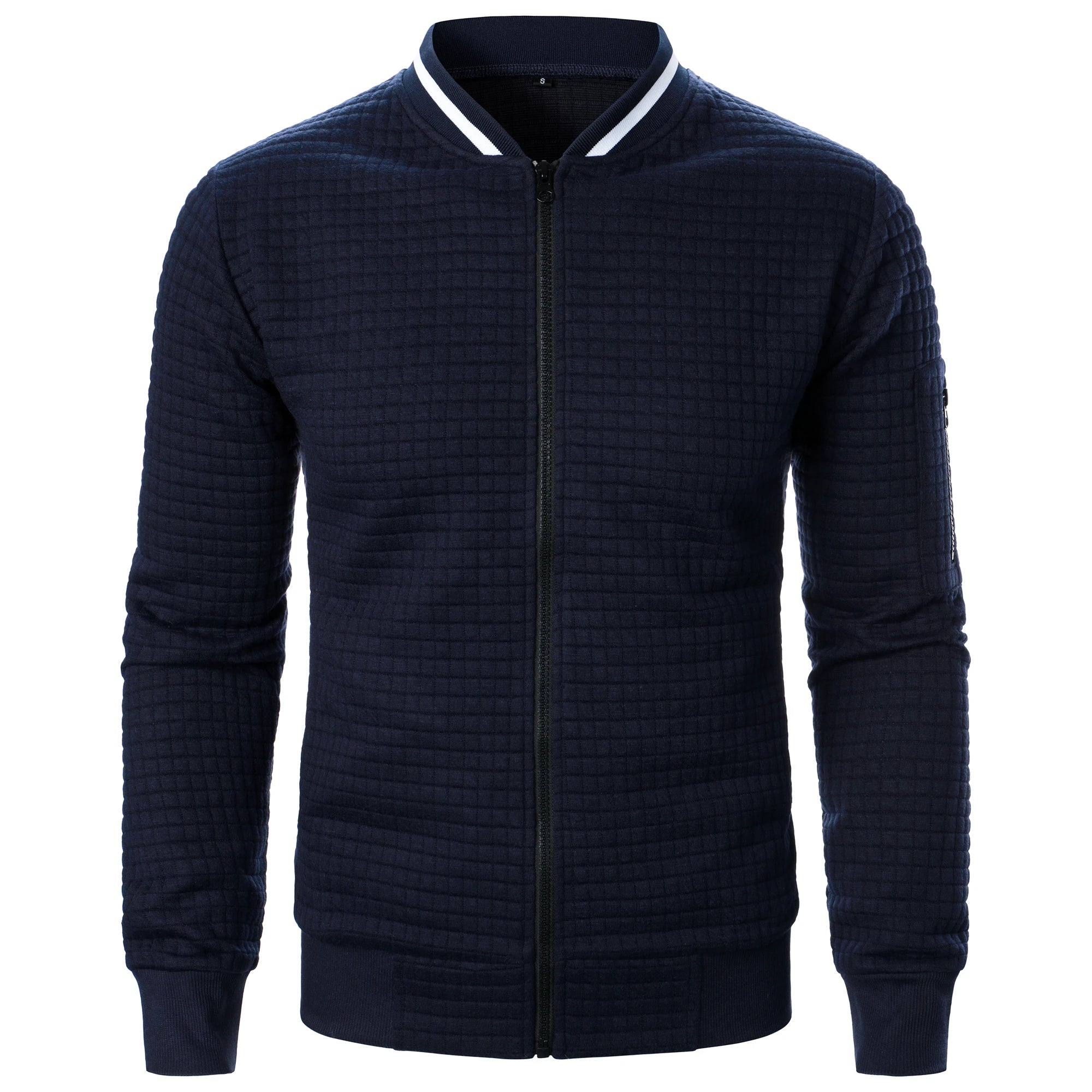 Men's Zip-Up Stand Collar Cardigan Jacket with Quilted Texture
