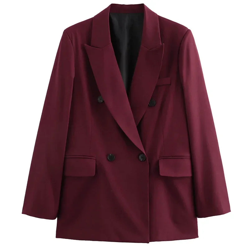Women's Burgundy Double-Breasted Blazer Jacket with Lapel Collar